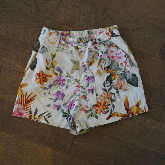 C&C California Women's Palm Tree Print Tie Front Linen Blend‎ Shorts Size 6 - Picture 1 of 7
